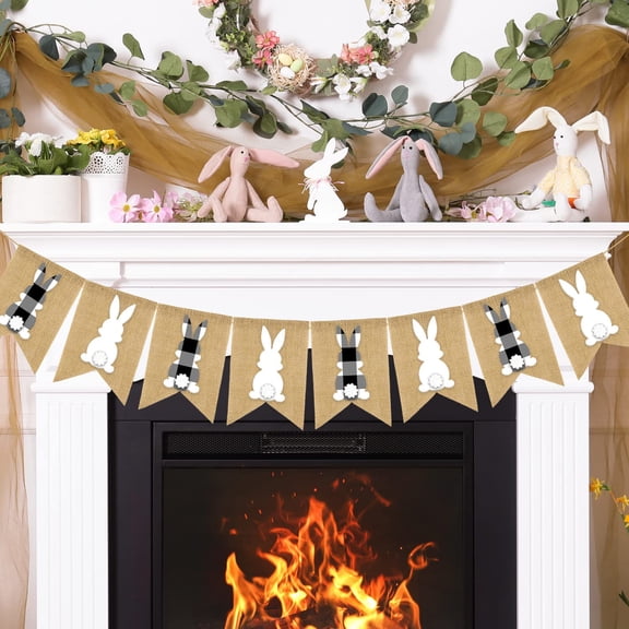 Easter Plaid Burlap Banner Buffalo Check Rabbit Bunny Banner Jute White Rabbit Bunting Garland Happy Easter Banner Garland Spring Easter Party Banner for Mantle Fireplace Wall Door Party Decor