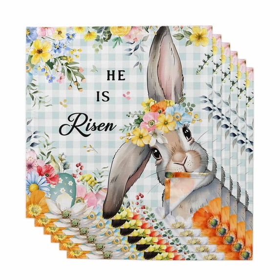 Easter Plaid Cloth Napkins, Spring Watercolor Bunny Flower Teal Checkered Washable and Reusable Dinner Napkins Set of 6, Table Napkin for Kitchen Party Birthday Wedding Hotel Housewarming 20"x20"