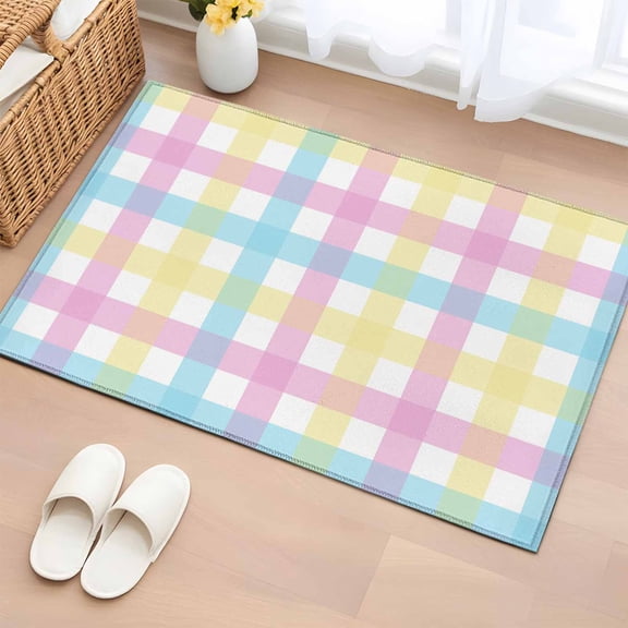 Easter Plaid Entryway Rug 2'x3' Non Slip Front Door Mats, Spring Buffalo Plaid Simple Colorful Entrance Rugs Indoor Outdoor Carpet, Washable Floor Mats Small Area Rug for Bedroom Kitchen