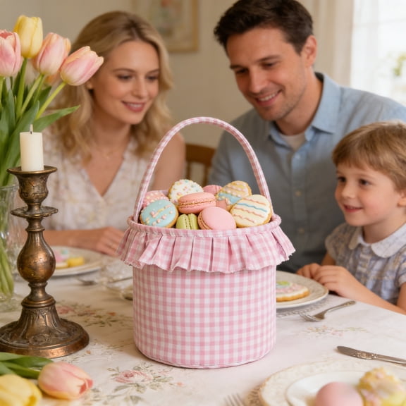 Easter Baskets Check Fabric Storage Bin Ruffle Trim Woven Textured Surface Cylinder Shape Decorative Container, Closet Storage Organizer