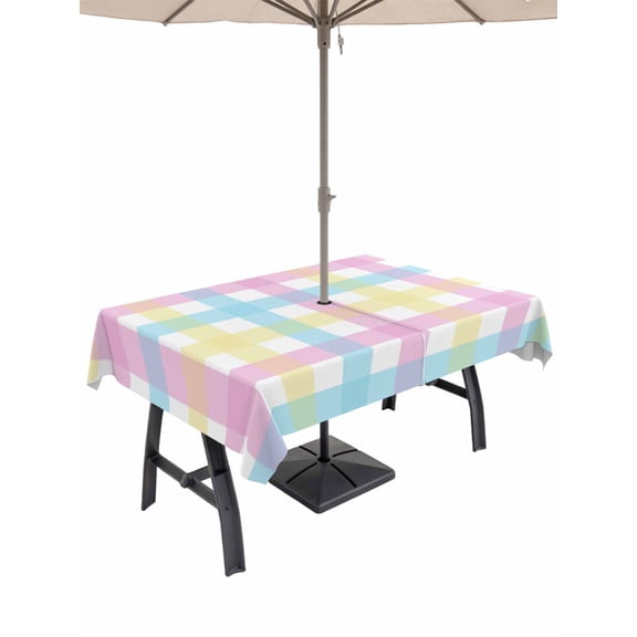 Easter Plaid Outdoor Tablecloth - 60x84 Inch Rectangle Dining Table Cover, Spring Buffalo Plaid Simple Colorful Waterproof Outdoor Table Cloth with Umbrella Hole & Zipper for Picnic/Patio/Party