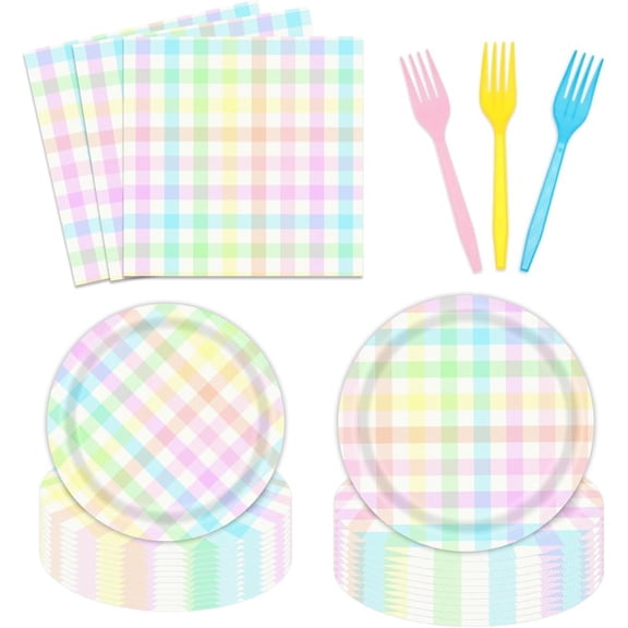 Easter Plaid Paper Plates Dinnerware Set Spring Coloring Checkered Party Supplies Gradient Colorful Checkered Rainbow Pastel Party Decorations Complete Set of Disposable Tableware