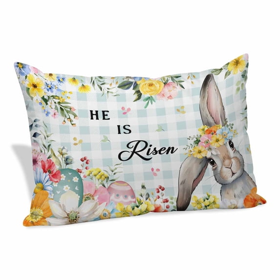 Easter Plaid Pillow Covers, Linen Long Throw Pillow Case, Spring Watercolor Bunny Flower Teal Checkered Holiday Pillow Protector Decorative Cushion Cover for Living Room/Bedroom 16" x 24"