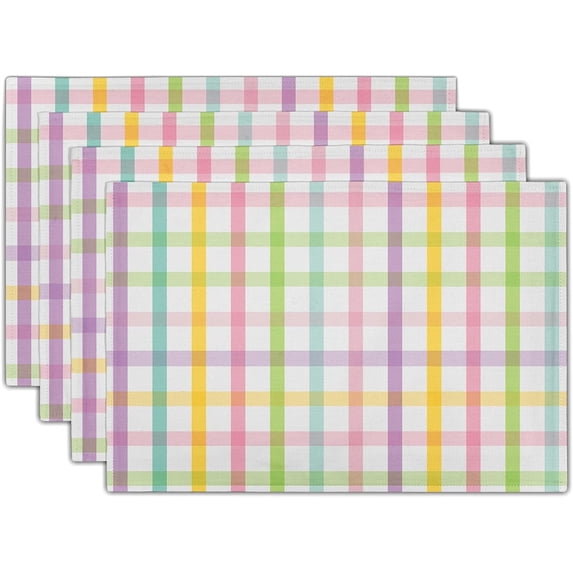Easter Plaid Placemats Set of 4, Colorful Buffalo Checks Spring Stripes Non Slip Heat Resistant Table Mats 12" X 18" for Dining Kitchen Holiday Decor, Every Day Use