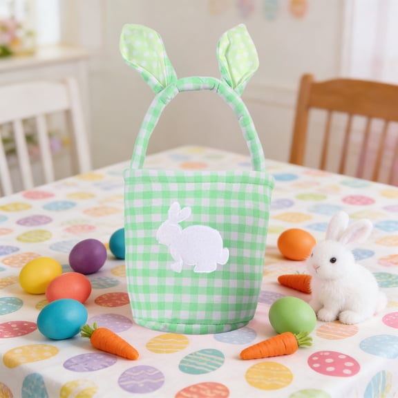 Easter Plaid Rabbit-Ear Basket 8.7" – Green Checkered Fabric Candy & Egg Handbag,Cute Plaid Basket With Rabbits Ears,Reusable Spring Table Centerpiece,Green, 1 pc