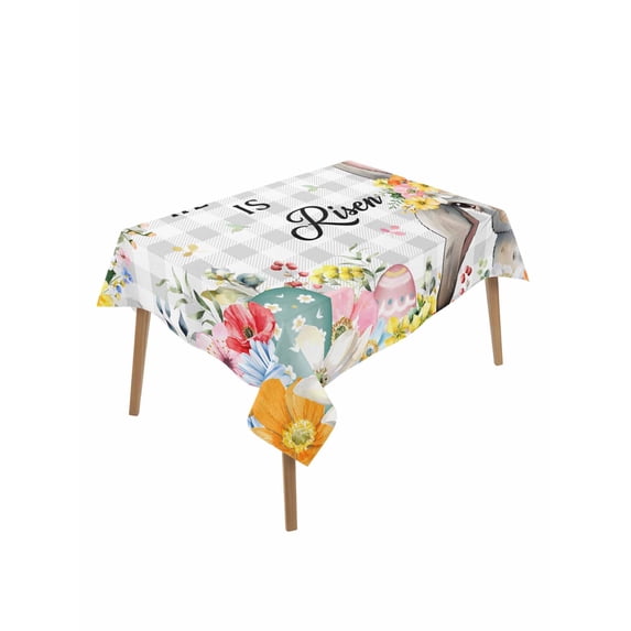 Easter Plaid Rectangle Tablecloth, Spring Watercolor Bunny Flower Grey Checkered Waterproof & StainResistant Tablecloth, Washable Oil-proof Table Cover for Dining/Party/Wedding/Buffet 60x84 In