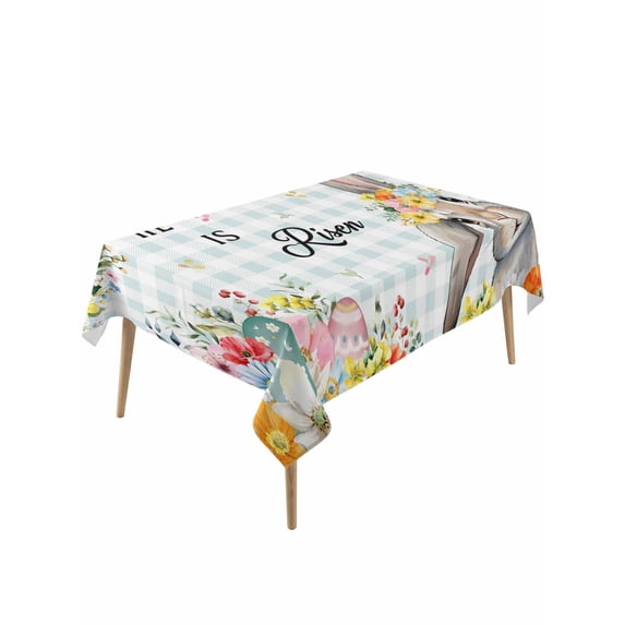 Easter Plaid Rectangle Tablecloth, Spring Watercolor Bunny Flower Teal Checkered Waterproof & StainResistant Tablecloth, Washable Oil-proof Table Cover for Dining/Party/Wedding/Buffet 54x108 In