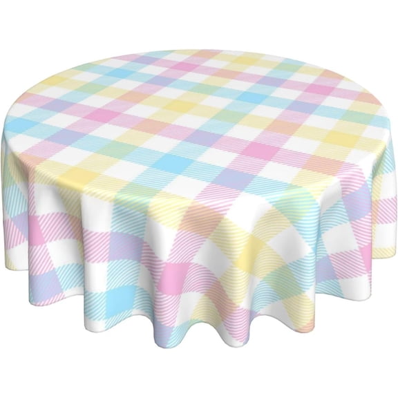 Easter Plaid Round Tablecloth 70 Inch Colorful Pink Yellow Blue Buffalo Plaid Table Cloth Polyester Fabric Spring Decorations Holiday Round Table Cover for Home Party Kitchen Picnic Decor