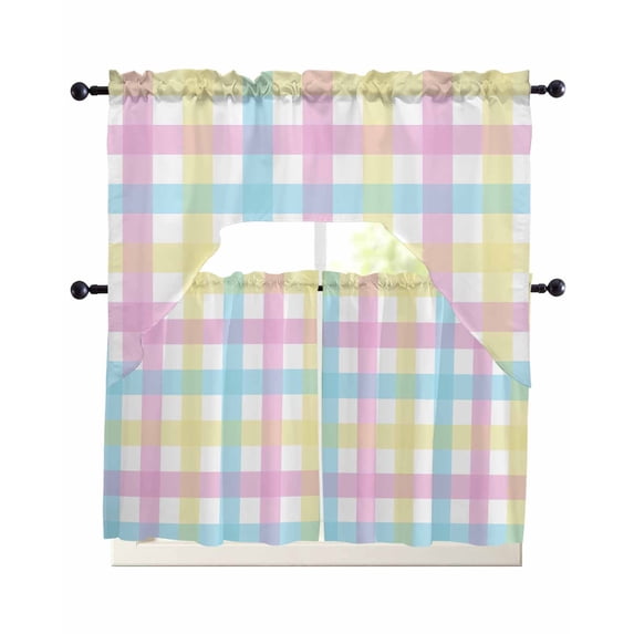 Easter Plaid Swag Kitchen Curtains Sets for Windows 24 Inch Length, Spring Buffalo Plaid Simple Colorful Short Window Curtain Panels Swags Valances and Tiers 3 Piece Set for Cafe/Dining Room