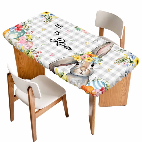 Easter Plaid Table Cloths for 3 Foot Rectangle Tables, Spring Watercolor Bunny Flower Grey Checkered Patio Waterproof Elastic Fitted Tablecloths, Washable Rectangular Table Cover for Camping