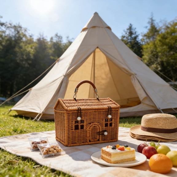 Easter Plastic Rattan House Basket with Lid, Foldable Handle Storage Bin, Multi-Purpose Basket for Picnic, Easter & Home Organization(Brown)