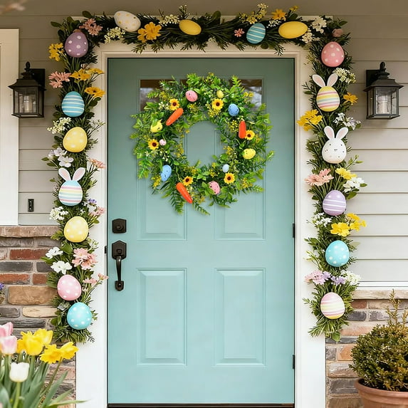 Easter Plastic Wreath for Front Door with Colored Eggs and Carrots Spring Holiday Decorations Indoor Outdoor Home Decor for Patio Porch Wall(Green)
