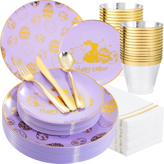 Easter Plates and Napkins Disposable - Purple and Gold Plastic Dinnerware Set for guests include Plates Cups Plastic Silverware Napkins Perfect for Easter Party