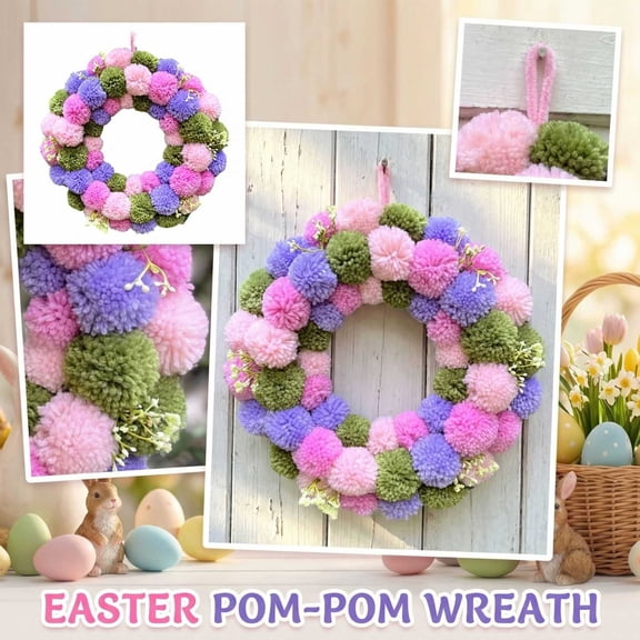 Easter Plush Ball Wreath 12 Inch, Hanging Floral Circle for Indoor Outdoor Porch, Soft Touch Spring Door Decoration