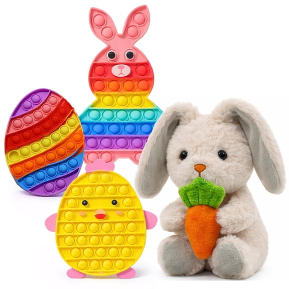Easter Bubble Pop Fidget & Baby Plush Bunny Toy Set, Bunny, Chicken & Egg Pop It Fidget with Plush Bunny Holding Carrot, Easter Gift Set for Kids 3+