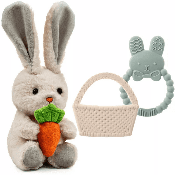 Easter Plush Bunny and Silicone Teether Set, Cute Plush Bunny with Carrot & Basket Teethers - Perfect Sensory & Soothing Gift Set for Newborns Infants