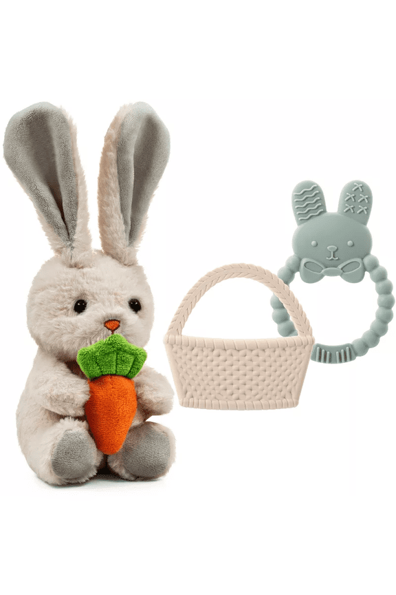 Easter Plush Bunny and Silicone Teether Set, Cute Plush Bunny with Carrot & Basket Teethers - Perfect Sensory & Soothing Gift Set for Newborns Infants