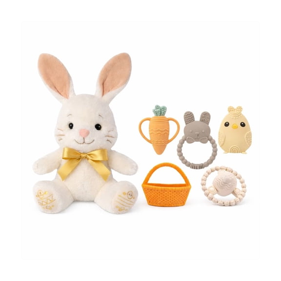 Easter Plush Bunny & Silicone Teether Toys Set, Soft Easter Stuffed Bunny Plush Toy with Bow, 5-Pack Easter Teether Toys, Easter Gift Set for Babies
