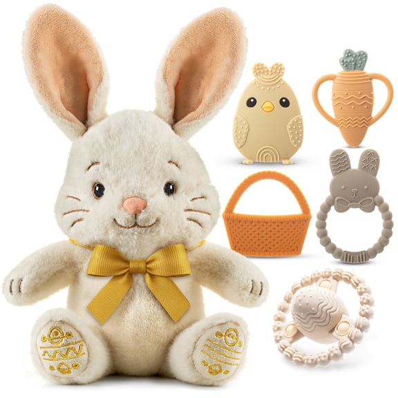 Easter Plush Bunny & Silicone Teether Toys Set, Soft Easter Stuffed Bunny Plush Toy with Bow, 5-Pack Easter Teether Toys, Easter Gift Set for Babies