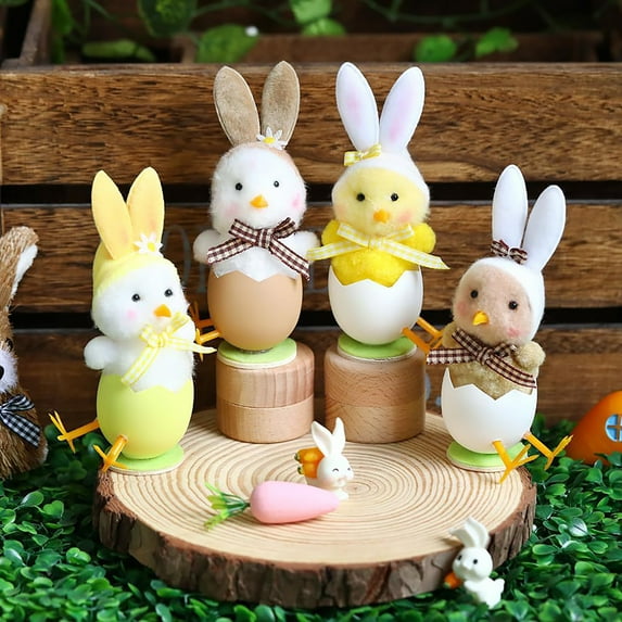 Easter Plush Chicks Figurines, 2pcs 6inch Bunny Ear Eggshell Easter Chick Decorations Tiered Tray Party Decor for Tabletop Ornaments Home Holiday Decor Farmhouse Party Baby Shower Supplies