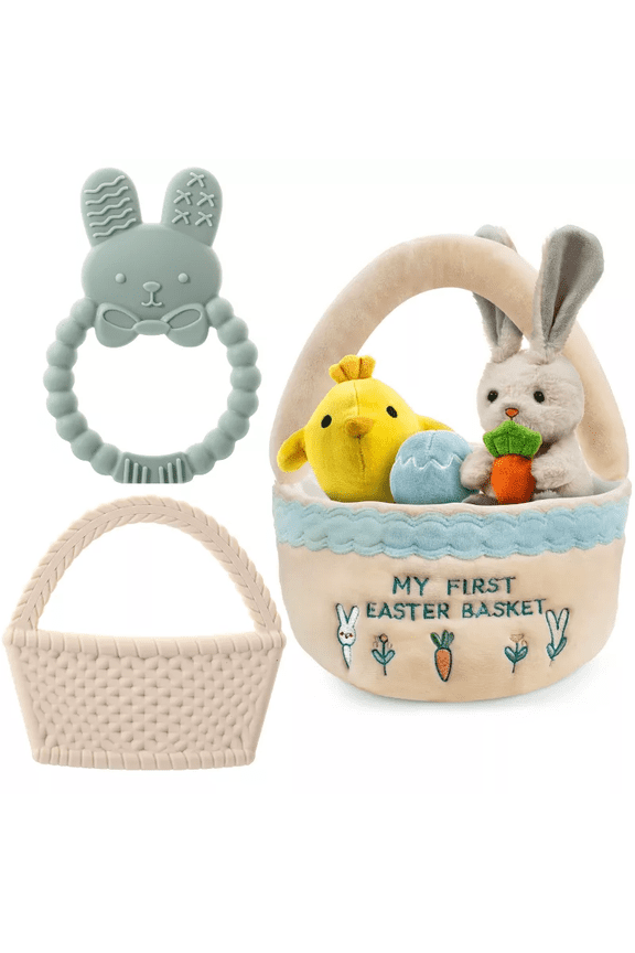 Easter Plush and Teether Baby Playset - Squeaky Bunny, Chicken, Easter Egg, Plush Toys and Silicone Teethers - Perfect Gift for Newborns and Babies