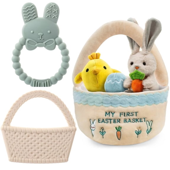 Sperric Easter Plush and Teether Baby Playset -Squeaky Bunny, Chicken, Easter Egg, Plush Toys & Silicone Teethers - Perfect Gift for Newborns & Babies