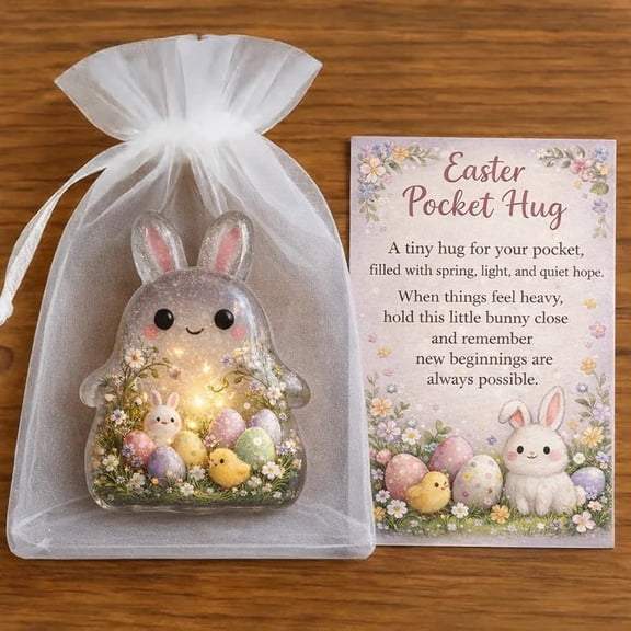 Easter Pocket Bunny Ornament Set with Greeting Card, Light-Up Mini Decoration for Festive Cheer and Portable Keepsake, Bunny and Egg Design for Easter Home Desk or Travel