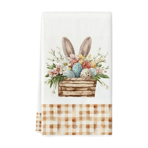 Easter Polyester Cotton Kitchen Towel - 15.75x23.6in Absorbent Dish Cloth with Holiday Patterns for Dining/Cleaning (D)