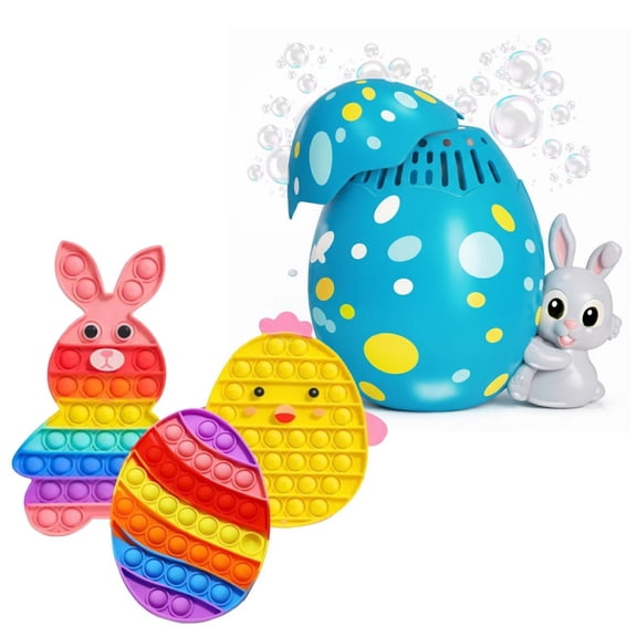 Easter Pop It & Bubble Machine Toy Set, 3-Pack Rainbow Bunny, Chicken & Egg Fidget Toys & Bunny Easter Egg Bubble Maker, Easter Gift Set for Kids 3+