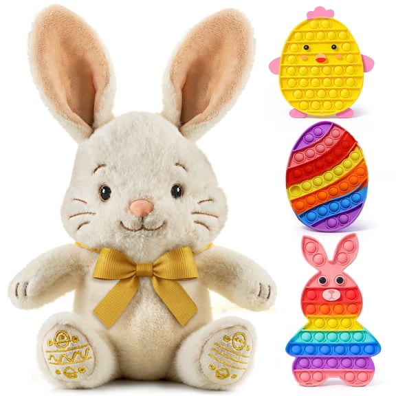 Easter Pop It & Plush Bunny Toy Set, Bunny, Chicken & Egg Bubble Pop Fidget Toys with 13" Easter Baby Plush Bunny with Bow, Easter Gift Toys for Kids