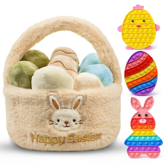 Easter Pop It & Plush Toy Set, Bunny, Chicken & Egg Bubble Pop Fidget Toys with Easter Plush Basket with Eggs, Perfect Sensory Gift for Kids & Babies
