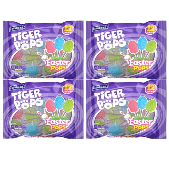 Easter Pops Tiger Egg Shaped Lollipops Cherry Blue Raspberry Watermelon Flavor Individually Wrapped 7 oz Bag Candies for Spring Party Favor Treats Basket Fillers Snacking Gift Supplies - Pack of 4