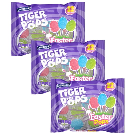 Easter Pops Tiger Egg Shaped Lollipops Cherry Blue Raspberry Watermelon Flavor Individually Wrapped 7 oz Bag Candies for Spring Party Favor Treats Basket Fillers Snacking Gift Supplies - Pack of 3