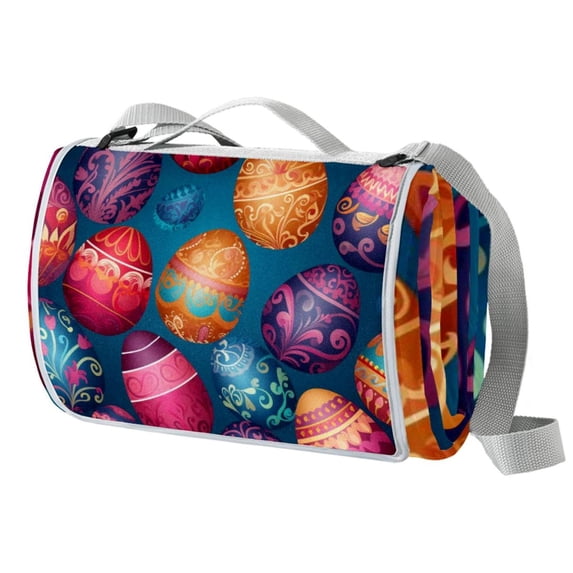 Easter Portable Canvas Picnic Blanket Waterproof Backing for Outdoor Travel - Foldable and Compact Mat for Camping and Beach - Blue Stripe Pattern - Easy to Clean and Durable Materials