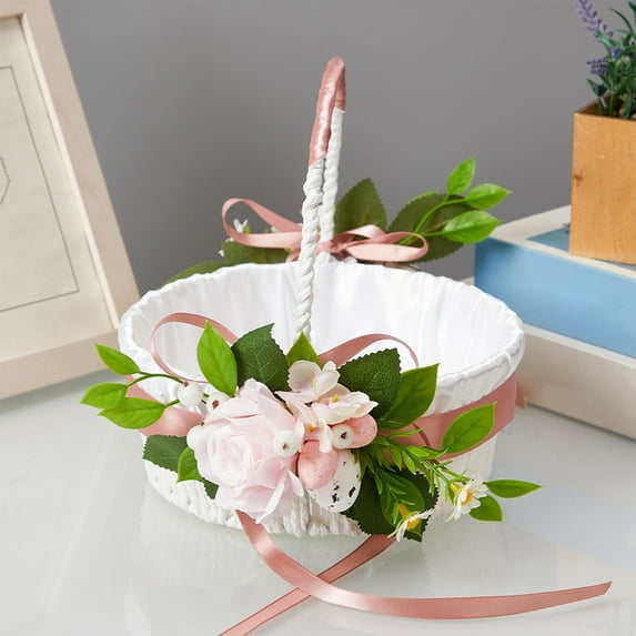 Easter Portable Flower Basket Home Decoration, Pink White Green Beige Cloth Simulation Decorative Basket for Wedding and Party, 8.6 x 8 Inch, 1 Piece