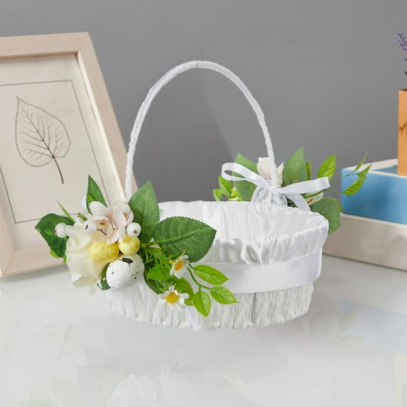 Easter Portable Flower Basket Home Decoration, Pink White Green Beige Cloth Simulation Decorative Basket for Wedding and Party, 8.6 x 8 Inch, 1 Piece