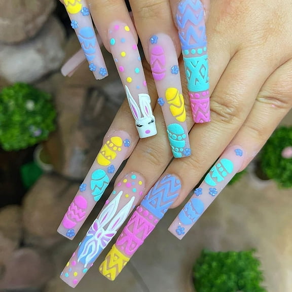 Easter Press on Nails Long Coffin Fake Nails Full Cover False Nails with Colorful Bunny Easter Egg Designs Flower Matte Acrylic Nails Artificial Nails for Women Girls 24 Pcs