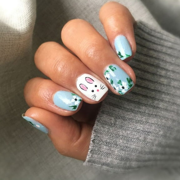 Easter Press on Nail Short Square False Nail with Rabbit Designs Spring Stick on Nail Full Cover Glossy Acrylic Nail
