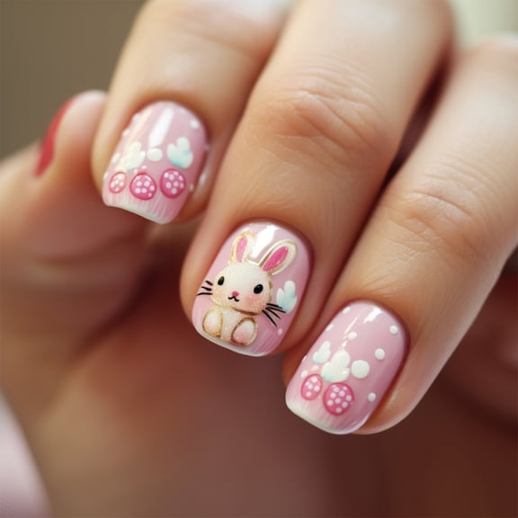 Easter Press on Nails, Press on Fake Nails with Pink Rabbit Design, Full Cover Reusable False Nails Stick on Nails