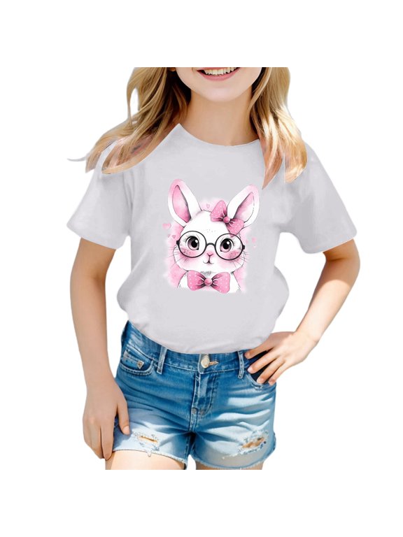 Easter Print Girls Casual Tee Round Neck Short Sleeve Cute Graphic T-Shirt Top for Spring Holiday Outfit Short Sleeve Shirt for Girls Tees Kids Tshirts Clothes Summer Tops T-Shirt
