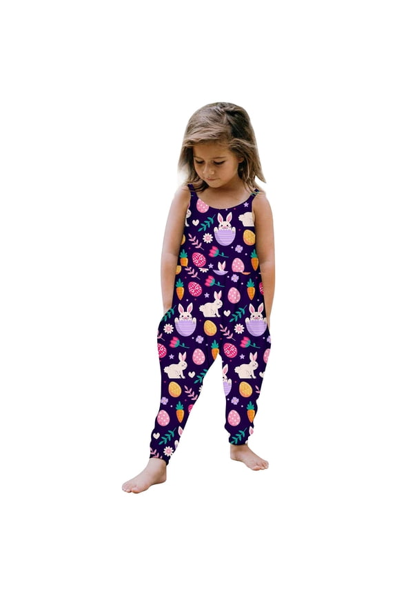 Easter Print Girls Sleeveless Romper Jumpsuit With Wide Leg Pants Toddler Summer Casual Clothes