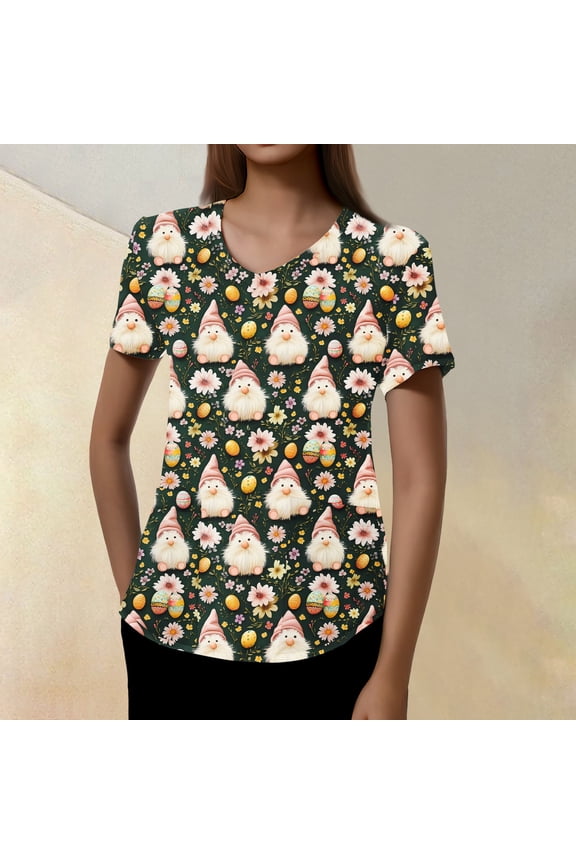 Easter Printed Scrubs for Womens, Easter Eggs Uniform Nursing Tops with Pockets, Women V-Neck Short Sleeve Working Nurse Top, Ideal Easter Wear and Gifts 01-Army Green L