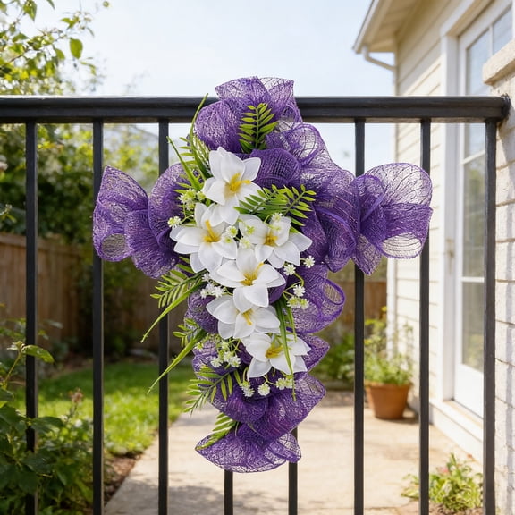 Easter Purple Mesh Wreath, 19.7 Inch Artificial Flower Vine Circle for Front Door, Wall, Porch, Spring Holiday Outdoor Decor, Durable and Reusable