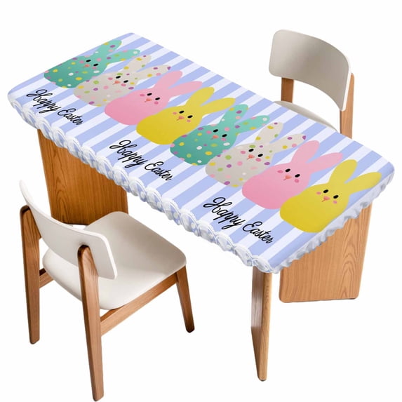 Easter Purple Striped Table Cloths for 4 Foot Rectangle Tables, Spring Colorful Bunny Polka Dot Patio Waterproof Elastic Fitted Tablecloths, Washable Rectangular Table Cover for Camping