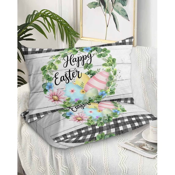Easter Queen Pillow Cases Set of 2 - Microfiber Bed Throw Pillow Covers, Spring Colorful Egg Flower Leaf Grey Wood Grain Plaid Decorative Lumbar Pillow Cover with Envelope Closure for Sofa 20"x30"