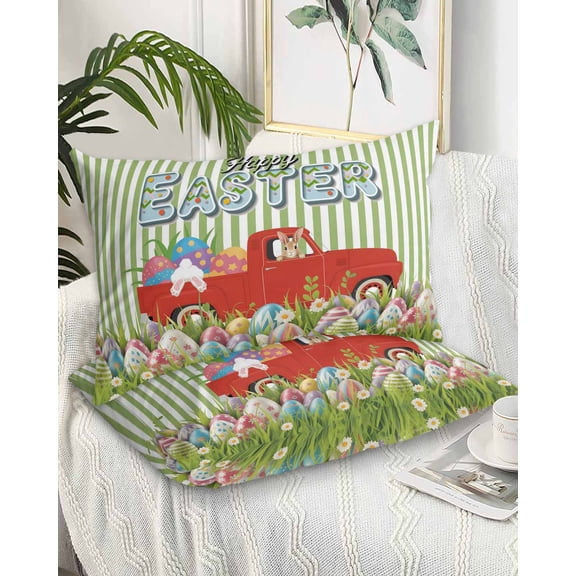 Easter Queen Pillow Cases Set of 2 - Microfiber Bed Throw Pillow Covers, Spring Green Stripes Easter Eggs Bunny Red Truck Decorative Lumbar Pillow Cover with Envelope Closure for Sofa/Travel 20"x30"
