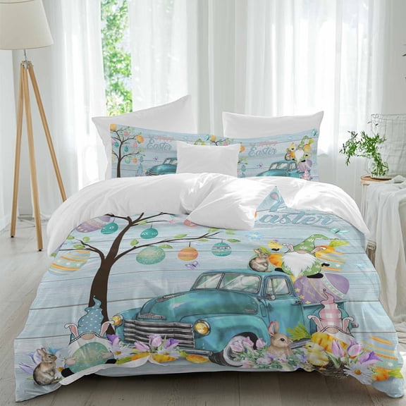 Easter Queen Size Comforter Set, Truck Dwarf Egg Tree Rabbit Wood Grain Bedding for All Seasons, 4 Pcs Bed Set, 1Quiltcover (90"x92") ,1Sheet(94"x116"), 2Pillowcases (30"x20")