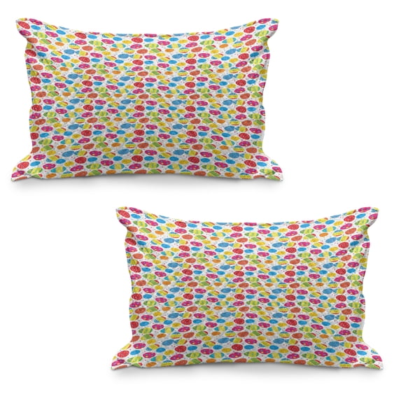Easter Quilted Pillowcover Set of 2, Cartoon Style Chicken and Colorful Eggs with Little Daisy Blossoms and Zigzag, Standard Queen Size Pillow Cover for Bedroom, 36" x 20", Multicolor, by Ambesonne