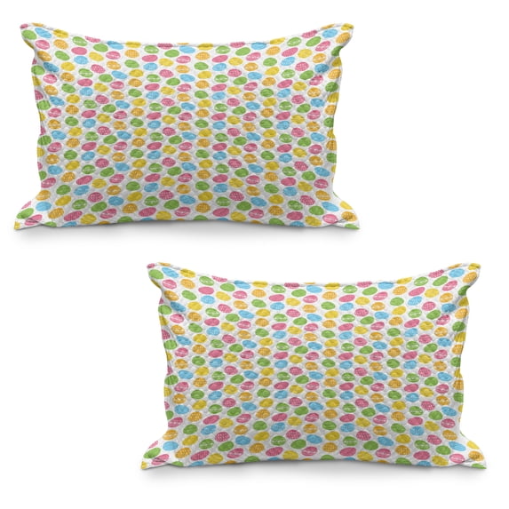 Easter Quilted Pillowcover Set of 2, Greeting the Colorful and Fun Spring Season April Holiday Celebration with Food, Standard Queen Size Pillow Cover for Bedroom, 36" x 20", Multicolor, by Ambesonne