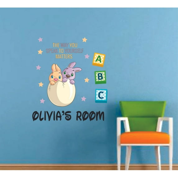 Easter Quote Cute Rabbits Cartoon Customized Wall Decal - Custom Vinyl Wall Art - Personalized Name - Baby Girls Boys Kids Bedroom Wall Decal Room Decor Wall Stickers Decoration Size (30x30 inch)